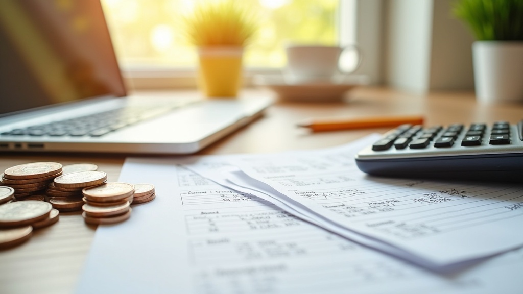 A desk with a calculator, pen, notepad, and budget charts, bright natural light with a cozy background